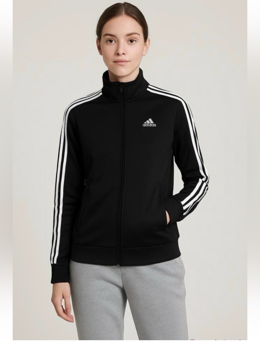 adidas Black 3-Stripe Track Jacket Full Zip Athletic Athleisure Women’s